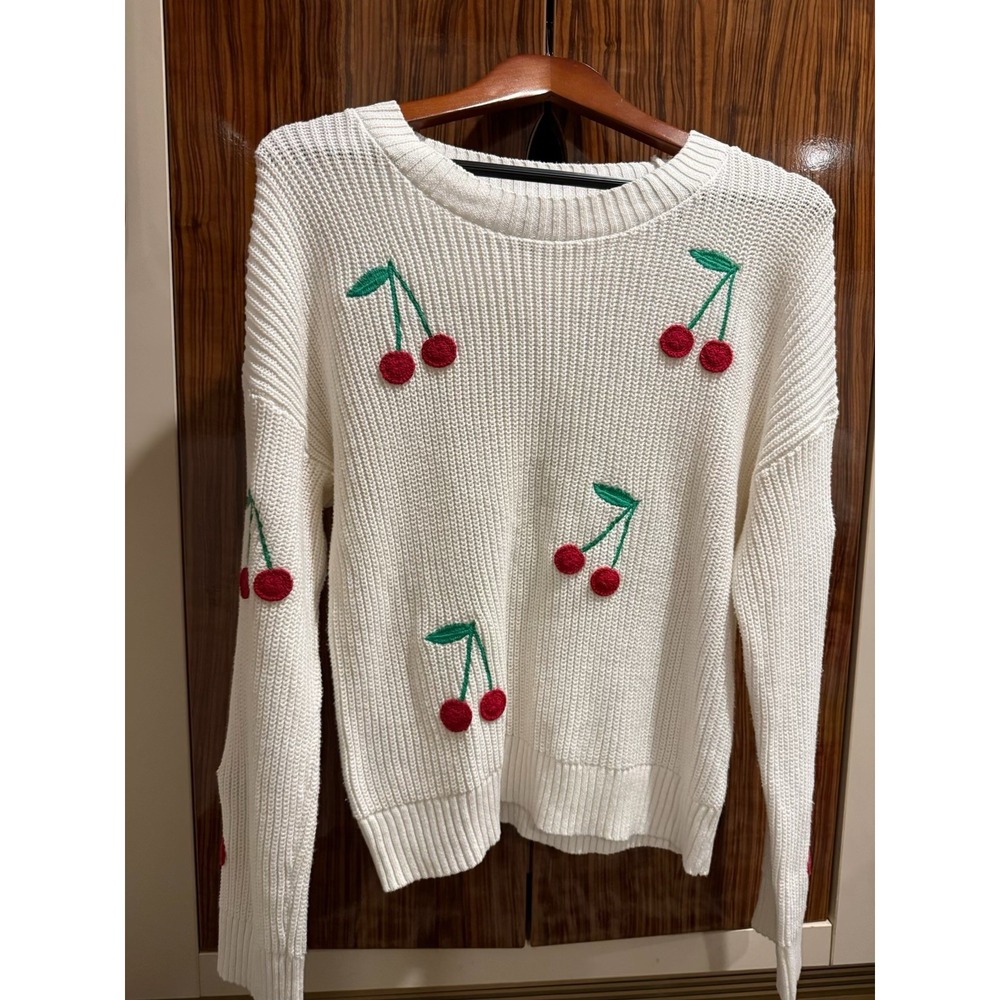 Cynthia Rowley Women's Medium Ivory Cherry Embroidered Knit Sweater. Size M